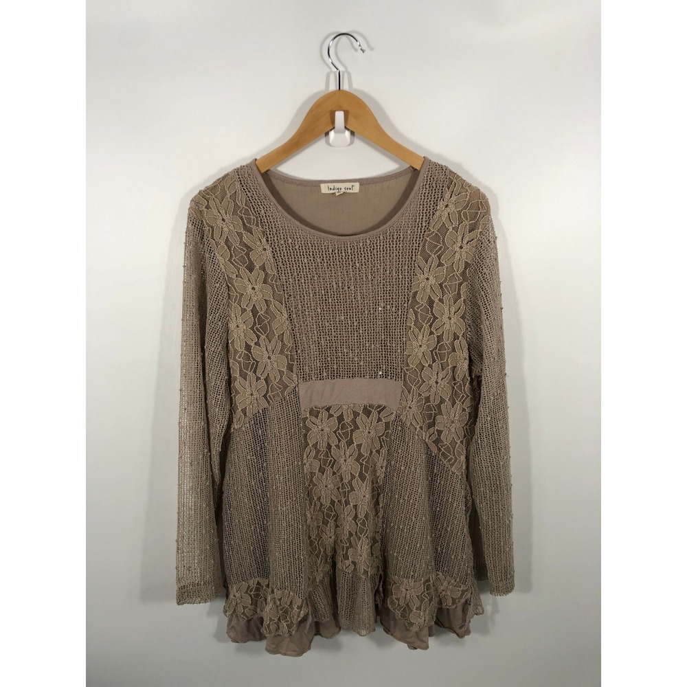 Crochet Knit Long Sleeve Womens XL Beige Sheer Whimsigoth Boho Fairy Grunge
